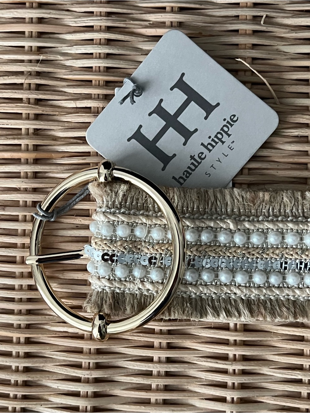 NWT Haute Hippie Style Boho Pearl & Sequin Woven Belt - Picture 4 of 8